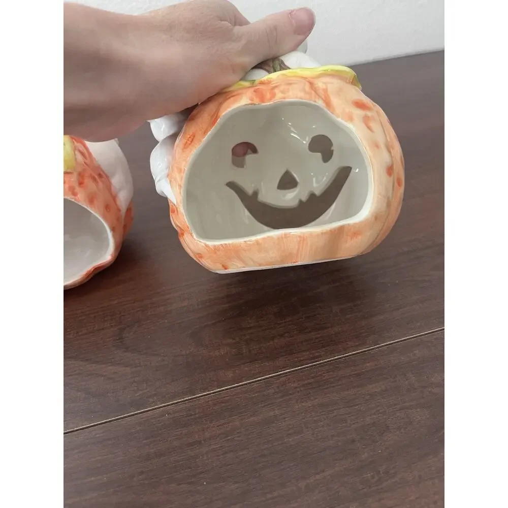 Vintage Ceramic Pumpkin Ghost Tea Light Candle Holder Halloween Set Of 2